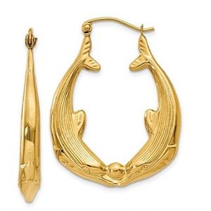 14k Yellow Gold Kissing Dolphins Hoop Earrings